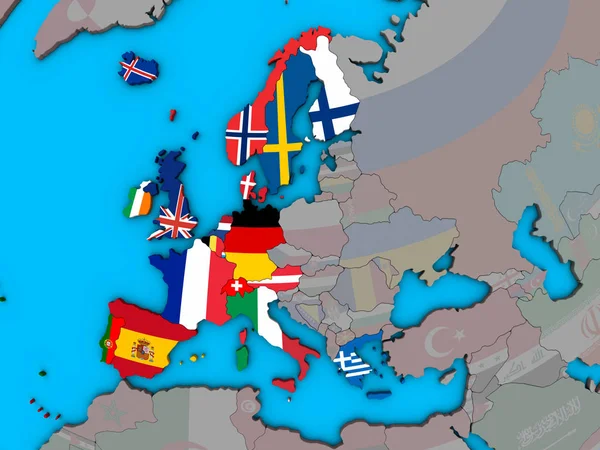 Europa Occidentale Con Bandiere Nazionali Incorporate Sul Globo Blu Politico — Foto Stock