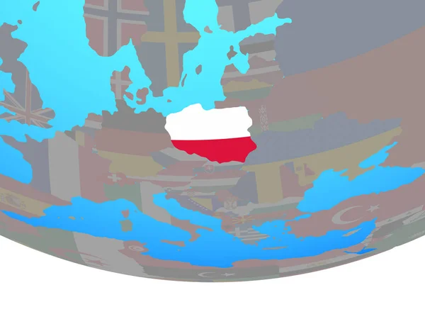 波兰在简单的政治地球仪上挂上国旗 — 图库照片