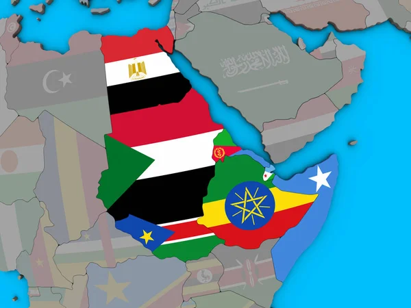 Nordeste África Com Bandeiras Nacionais Embutidas Globo Político Azul Ilustração — Fotografia de Stock