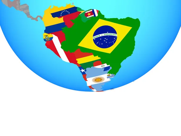 South America with national flags on simple political globe. 3D illustration.