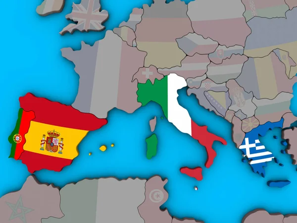Dél Európában Beágyazott Nemzeti Zászlókkal Kék Politikai Földgömb Illusztráció — Stock Fotó