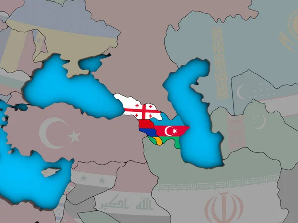 Région Caucase Avec Des Drapeaux Nationaux Intégrés Sur Globe Politique — Photo