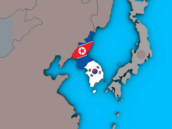 韩国在蓝色政治3D 地球上挂着嵌入的国旗 — 图库照片