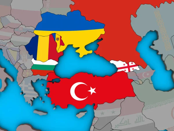 Regiunea Mării Negre Steaguri Naționale Încorporate Globul Albastru Politic Ilustrație — Fotografie, imagine de stoc