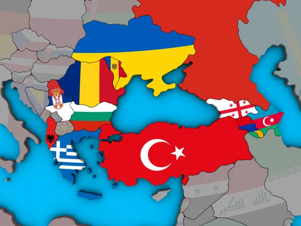 BSEC countries with embedded national flags on blue political 3D globe. 3D illustration.