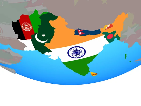 South Asia with national flags on simple political globe. 3D illustration.