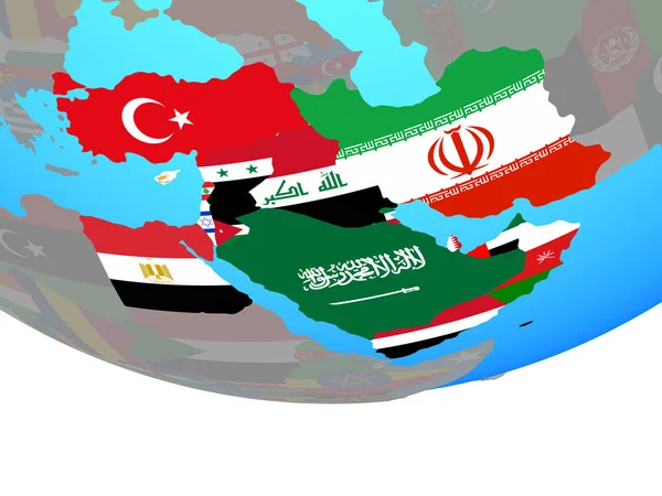 Naher Osten Mit Nationalflaggen Auf Einfachem Politischen Globus Illustration — Stockfoto