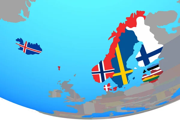 Norra Europa Med Nationsflaggor Enkla Politiska Jordglob Illustration — Stockfoto