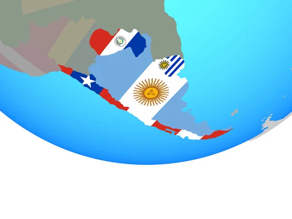 Южный Конус Национальными Флагами Простом Политическом Глобусе Иллюстрация — стоковое фото