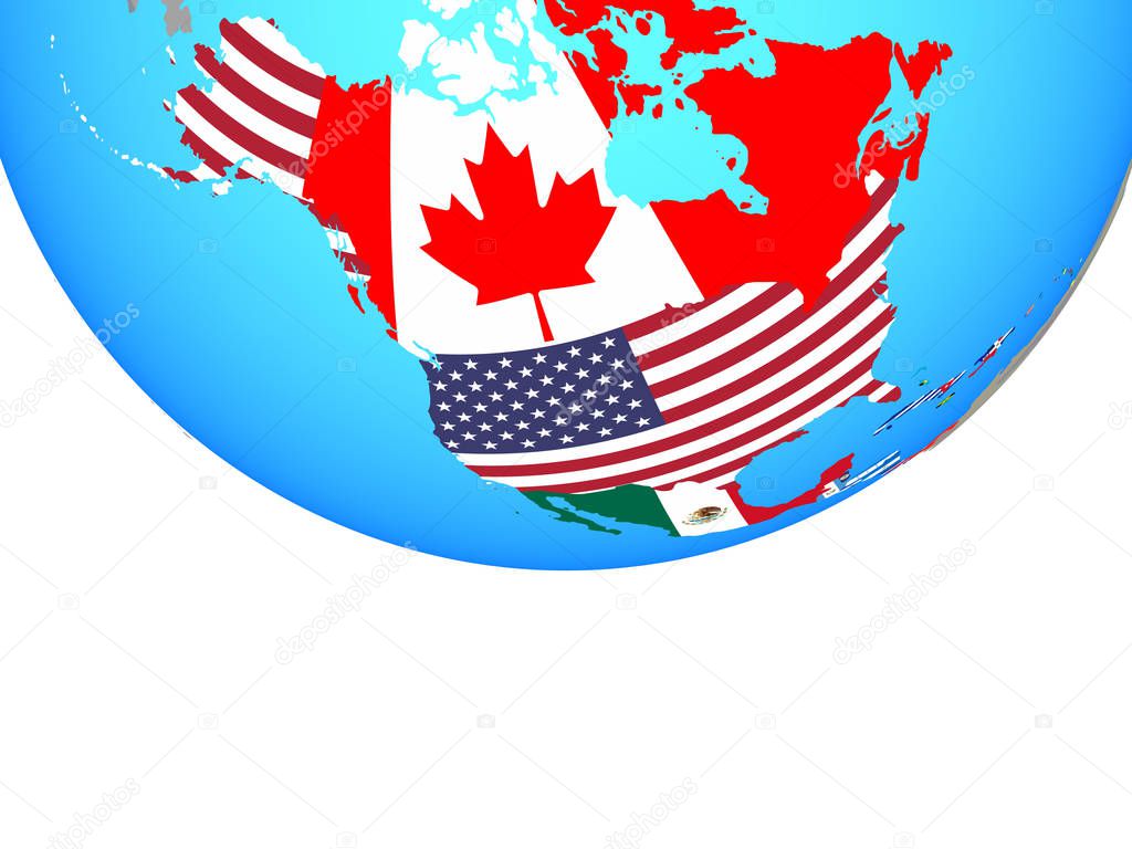 North America with national flags on simple political globe. 3D illustration.