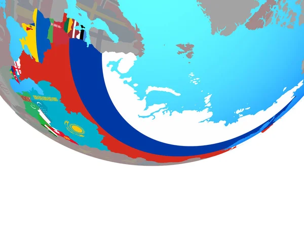 Former Soviet Union with national flags on simple political globe. 3D illustration.