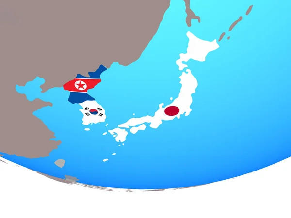 Japan Und Korea Mit Nationalflaggen Auf Einem Einfachen Politischen Globus — Stockfoto