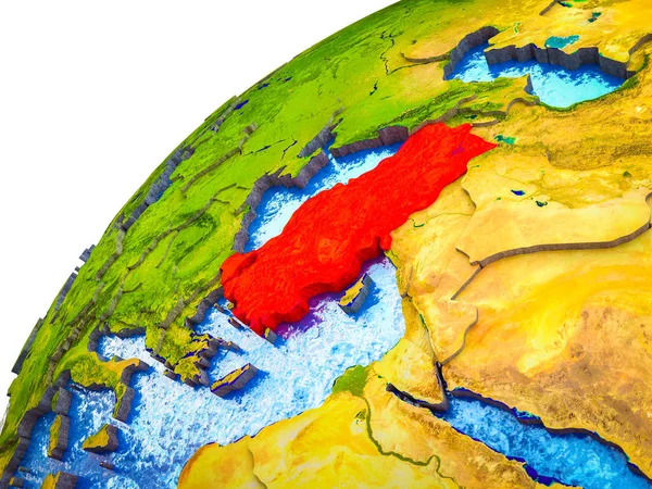 Turkey on 3D Earth model with visible country borders. 3D illustration.