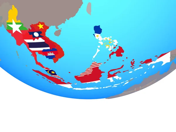 Členské Státy Asean Státní Vlajky Jednoduché Politické Globe Obrázek — Stock fotografie