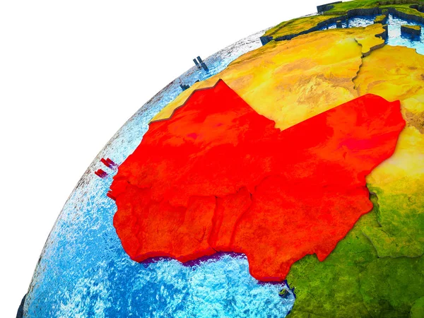 Western Africa on 3D Earth model with visible country borders. 3D illustration.