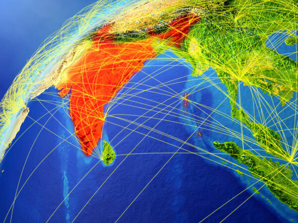 Индия на модели планеты Земля с международными сетями. Концепция цифровой связи и технологий. 3D иллюстрация. Элементы этого изображения предоставлены НАСА
.