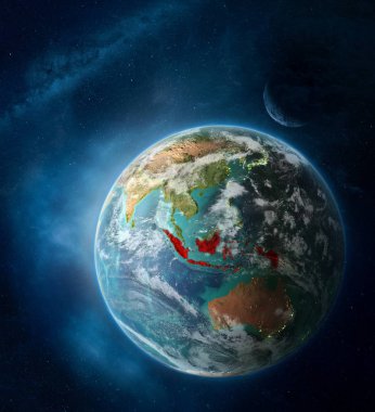 Yer alan ay ve Samanyolu ile çevrili toprak üstünde--dan Indonesia. Şehir ışıkları ve bulutlar ile detaylı gezegen yüzeyinde. 3D çizim. Nasa tarafından döşenmiş bu görüntü unsurları.