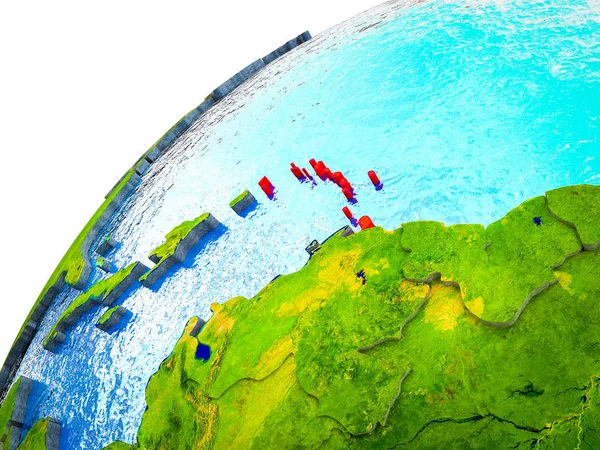 加勒比在3D 地球模型与可见的国家边界 — 图库照片