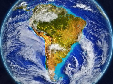 Güney Amerika ülke sınırları ve çok detaylı gezegenin yüzey ve bulutlar Dünya gezegeninin gerçekçi model üzerinde. 3D çizim. Nasa tarafından döşenmiş bu görüntü unsurları.