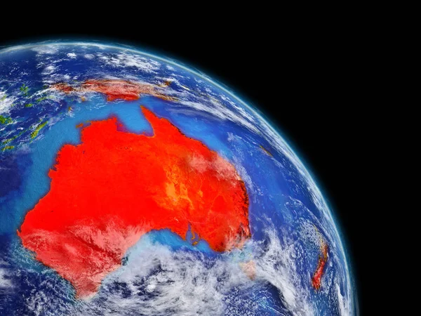 Australia from space. Planet Earth with extremely high detail of planet surface and clouds. Continent highlighted in red. 3D illustration. Elements of this image furnished by NASA.