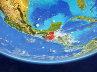 Guatemala gerçekçi bir model ülke sınırları ve çok detaylı gezegenin yüzey ve bulutlar Dünya gezegeni üzerinde. 3D çizim. Nasa tarafından döşenmiş bu görüntü unsurları.