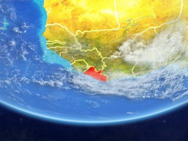 Liberya gerçekçi bir model ülke sınırları ve çok detaylı gezegenin yüzey ve bulutlar Dünya gezegeni üzerinde. 3D çizim. Nasa tarafından döşenmiş bu görüntü unsurları.