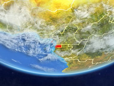 Ekvator Ginesi ülke sınırları ve çok detaylı gezegenin yüzey ve bulutlar Dünya gezegeninin gerçekçi model üzerinde. 3D çizim. Nasa tarafından döşenmiş bu görüntü unsurları.