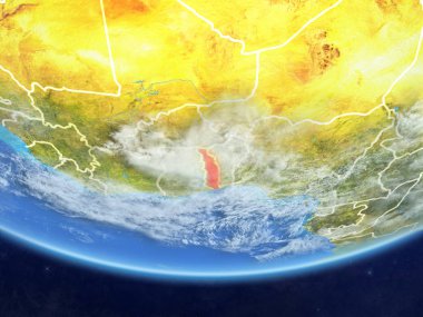 Togo gerçekçi bir model ülke sınırları ve çok detaylı gezegenin yüzey ve bulutlar Dünya gezegeni üzerinde. 3D çizim. Nasa tarafından döşenmiş bu görüntü unsurları.