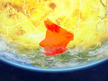 Chad gerçekçi bir model ülke sınırları ve çok detaylı gezegenin yüzey ve bulutlar Dünya gezegeni üzerinde. 3D çizim. Nasa tarafından döşenmiş bu görüntü unsurları.