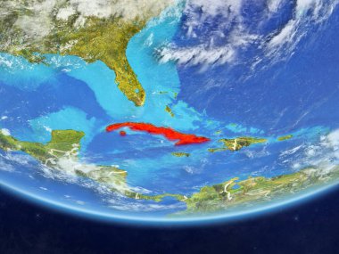 Küba gerçekçi bir model ülke sınırları ve çok detaylı gezegenin yüzey ve bulutlar Dünya gezegeni üzerinde. 3D çizim. Nasa tarafından döşenmiş bu görüntü unsurları.