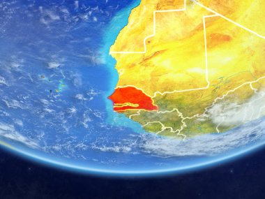 Senegal gerçekçi bir model ülke sınırları ve çok detaylı gezegenin yüzey ve bulutlar Dünya gezegeni üzerinde. 3D çizim. Nasa tarafından döşenmiş bu görüntü unsurları.