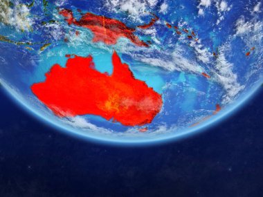 Avustralya gerçekçi bir model ülke sınırları ve çok detaylı gezegenin yüzey ve bulutlar Dünya gezegeni üzerinde. 3D çizim. Nasa tarafından döşenmiş bu görüntü unsurları.
