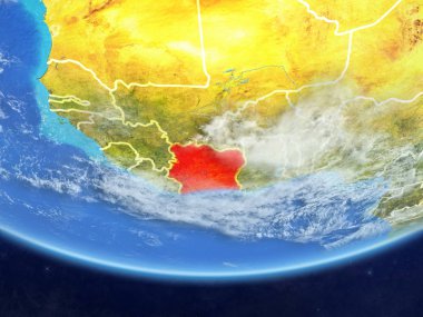 Fildişi Sahili gerçekçi bir model ülke sınırları ve çok detaylı gezegenin yüzey ve bulutlar Dünya gezegeni üzerinde. 3D çizim. Nasa tarafından döşenmiş bu görüntü unsurları.