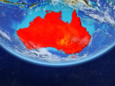 Avustralya gerçekçi bir model ülke sınırları ve çok detaylı gezegenin yüzey ve bulutlar Dünya gezegeni üzerinde. 3D çizim. Nasa tarafından döşenmiş bu görüntü unsurları.