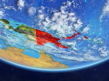 Papua Yeni Gine gerçekçi bir model ülke sınırları ve çok detaylı gezegenin yüzey ve bulutlar Dünya gezegeni üzerinde. 3D çizim. Nasa tarafından döşenmiş bu görüntü unsurları.