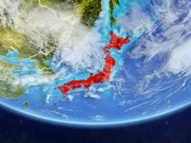 Gerçekçi bir model ülke sınırları ve çok detaylı gezegenin yüzey ve bulutlar Dünya gezegeni üzerinde Japonya. 3D çizim. Nasa tarafından döşenmiş bu görüntü unsurları.