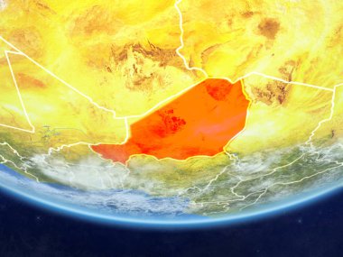 Nijer gerçekçi bir model ülke sınırları ve çok detaylı gezegenin yüzey ve bulutlar Dünya gezegeni. 3D çizim. Nasa tarafından döşenmiş bu görüntü unsurları.