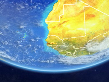 Gambiya gerçekçi bir model ülke sınırları ve çok detaylı gezegenin yüzey ve bulutlar Dünya gezegeni üzerinde. 3D çizim. Nasa tarafından döşenmiş bu görüntü unsurları.