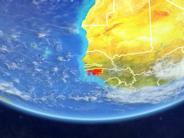Gine-Bissau gerçekçi bir model ülke sınırları ve çok detaylı gezegenin yüzey ve bulutlar Dünya gezegeni üzerinde. 3D çizim. Nasa tarafından döşenmiş bu görüntü unsurları.