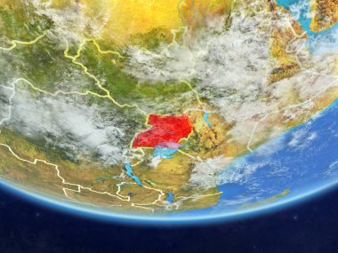 Uganda gerçekçi bir model ülke sınırları ve çok detaylı gezegenin yüzey ve bulutlar Dünya gezegeni üzerinde. 3D çizim. Nasa tarafından döşenmiş bu görüntü unsurları.