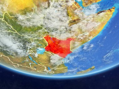 Kenya ülke sınırları ve çok detaylı gezegenin yüzey ve bulutlar Dünya gezegeninin gerçekçi model üzerinde. 3D çizim. Nasa tarafından döşenmiş bu görüntü unsurları.