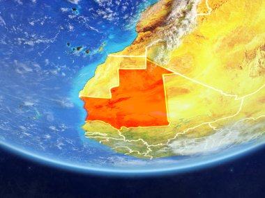 Moritanya ile gerçekçi bir model ülke sınırları ve çok detaylı gezegenin yüzey ve bulutlar Dünya gezegeni. 3D çizim. Nasa tarafından döşenmiş bu görüntü unsurları.