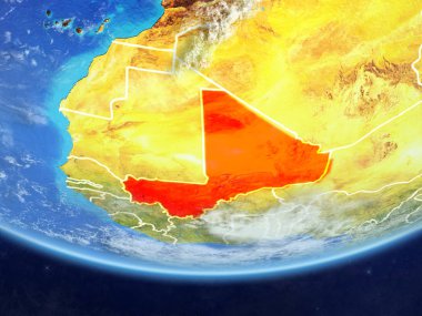 Mali gerçekçi bir model ülke sınırları ve çok detaylı gezegenin yüzey ve bulutlar Dünya gezegeni üzerinde. 3D çizim. Nasa tarafından döşenmiş bu görüntü unsurları.