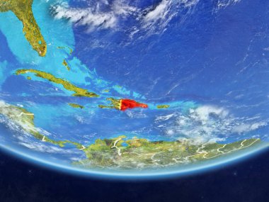 Dominik Cumhuriyeti gerçekçi bir model ülke sınırları ve çok detaylı gezegenin yüzey ve bulutlar Dünya gezegeni üzerinde. 3D çizim. Nasa tarafından döşenmiş bu görüntü unsurları.