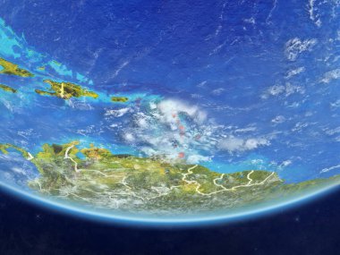 Caribbean ülke sınırları ve çok detaylı gezegenin yüzey ve bulutlar Dünya gezegeninin gerçekçi bir model üzerinde. 3D çizim. Nasa tarafından döşenmiş bu görüntü unsurları.