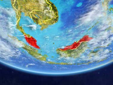Malezya gerçekçi bir model ülke sınırları ve çok detaylı gezegenin yüzey ve bulutlar Dünya gezegeni üzerinde. 3D çizim. Nasa tarafından döşenmiş bu görüntü unsurları.