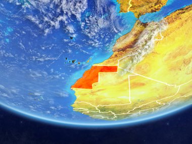 Batı Sahra gerçekçi bir model ülke sınırları ve çok detaylı gezegenin yüzey ve bulutlar Dünya gezegeni üzerinde. 3D çizim. Nasa tarafından döşenmiş bu görüntü unsurları.
