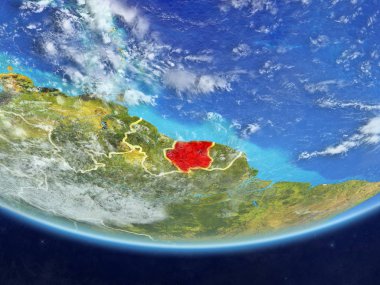 Surinam gerçekçi bir model ülke sınırları ve çok detaylı gezegenin yüzey ve bulutlar Dünya gezegeni üzerinde. 3D çizim. Nasa tarafından döşenmiş bu görüntü unsurları.