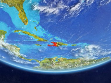 Haiti gerçekçi bir model ülke sınırları ve çok detaylı gezegenin yüzey ve bulutlar Dünya gezegeni üzerinde. 3D çizim. Nasa tarafından döşenmiş bu görüntü unsurları.