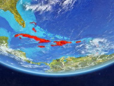 Caribbean ülke sınırları ve çok detaylı gezegenin yüzey ve bulutlar Dünya gezegeninin gerçekçi bir model üzerinde. 3D çizim. Nasa tarafından döşenmiş bu görüntü unsurları.